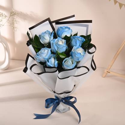 Floweraura Fresh Live Flower Bouquet of 8 Blue Roses Flowers Rose Bouquets