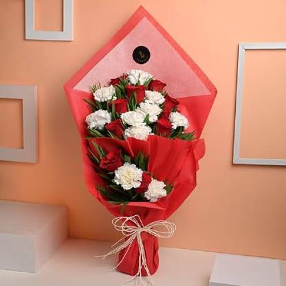 Red, White Fresh Red, White Roses, Carnations Bouquets, Flower Basket