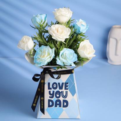 Floweraura Fresh White and Blue Roses with Love You Dad Box Roses Bouquets