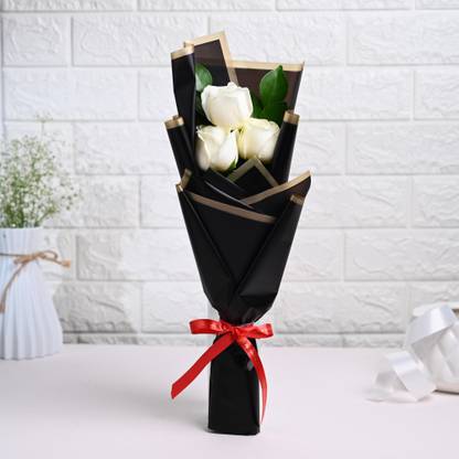 Floweraura Fresh Live Flower Bouquet of 3 White Roses Flowers Roses Bouquets