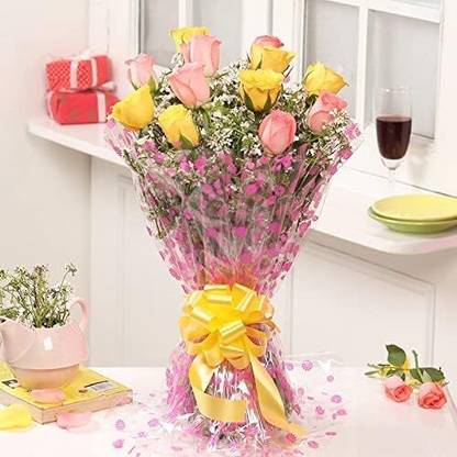 Floweraura Fresh Yellow, Pink Roses Bouquets, Flower Basket