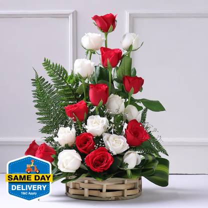 Floweraura Fresh Fresh Live Flower Bouquet of 20 White & Red Roses In Wooden Basket Roses Flower Basket