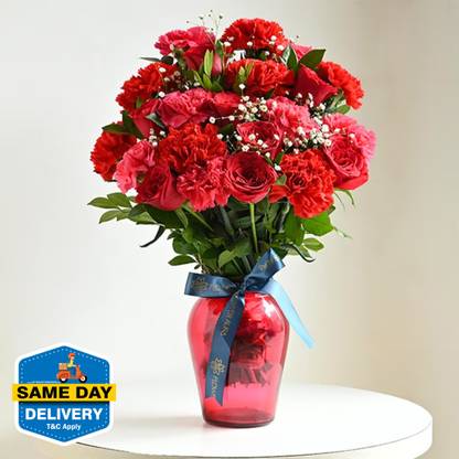 Floweraura Fresh Fresh Live 5 Red Roses & 15 Carnations Flowers Bouquet In Glass Vase Rose, Carnations Bouquets