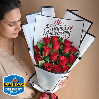 Floweraura Fresh Fresh Live 15 Red Roses Flowers Bouquet In Happy Anniversary Packing Assorted Bouquets