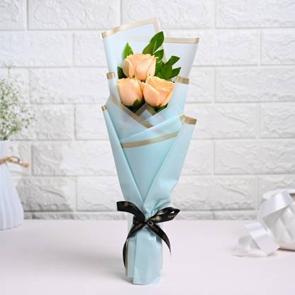 Floweraura Fresh Live Flower Bouquet of 3 Peach Roses Flowers Roses Bouquets