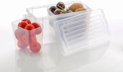 TRUTEC Transparent Plastic Fridge Storage Box with Handle, Lid and 3 Smaller Bins, Fridge Door Shelf