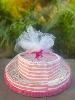 SOHE ART WORLD Handmade Double Circled Gift Hamper with white mesh and pink Bow 32cm Diameter Paper Fruit & Vegetable Basket