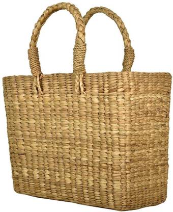 LBohe Monotone Braided Rectangular Water Reed Basket Tote & Straw Grass Handle Seagrass Fruit & Vegetable Basket