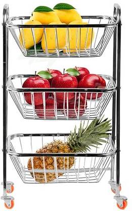 WAYMORE 3-Tier Rack Fruits & Vegetable Onion Trolley Container Basket Organizer Organiser Holder Stand for Kitchen with Wheel Stainless Steel Fruit & Vegetable Basket