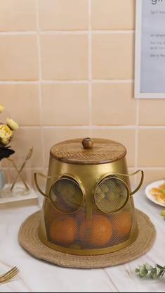 Decorcave Stylish Metal Mesh Basket with Wooden Lid for Fruits Decorative Showpiece  -  30 cm