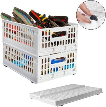 Aditya Polymers Stack-It-All Foldable Plastic Basket - Stack & Slide Design - White - Set of 2 Plastic, Polypropylene Fruit & Vegetable Basket