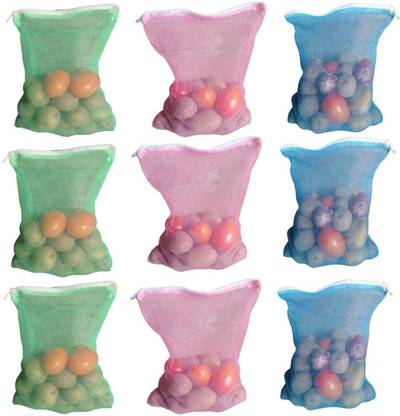 Home Organize Pack of 9 Foldable, washable fridge storage Bags with Zip for Fruits & Vegetable Nylon Fruit & Vegetable Basket