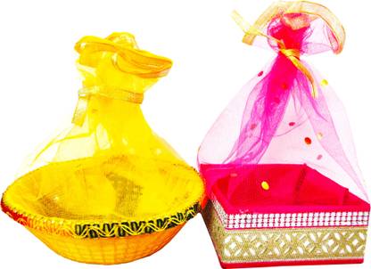omkar Ethnic Shagun Gift Baskets Combo - Set of 2 [Standard] Wooden, Plastic Fruit & Vegetable Basket
