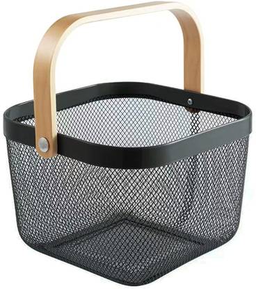Khurana Enterprises Metal Mesh Steel Basket with Bamboo Handle –Storage Organizer for Home ,Kitchen Iron Fruit & Vegetable Basket