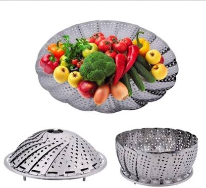 AJB Folding Stainless Steel Steamer Insert Vegetable Kitchen Fruit Food Basket Stainless Steel Fruit & Vegetable Basket