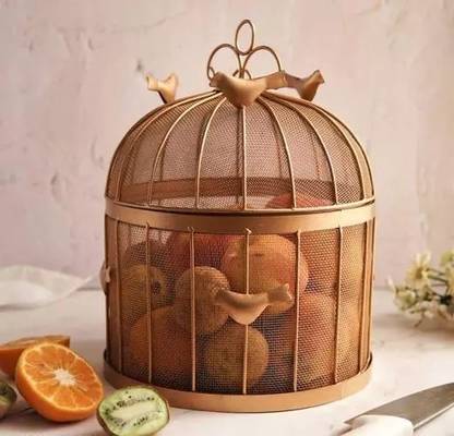 Nest Interiors Home Beautiful Metal Bird Net Basket with Heavy top Lid Size-14x10 Inch Brass Fruit & Vegetable Basket