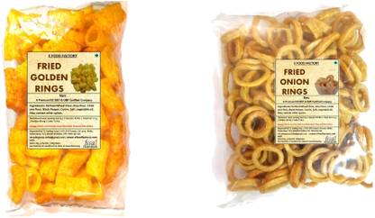 E Food Factory Fried Golden Finger Rings & Fried Onion Rings 80 g each Fryums