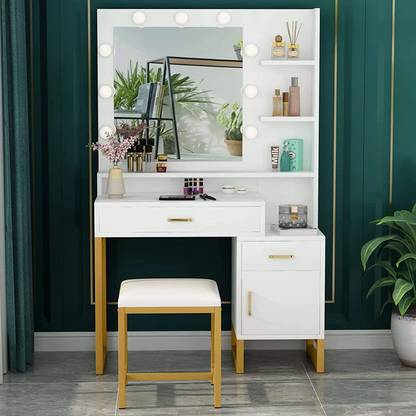 AF Dressing Table: Gold and White Vanity Set with Lighted Mirror & Stool Table Frame