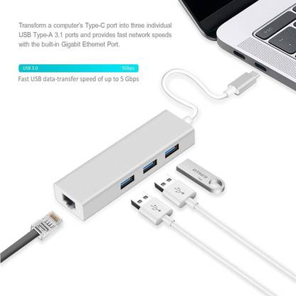 RuhZa Type -C to 3-Port USB Hub + RJ45 Adapter - Type-C to Gigabit Ethernet LAN Lan Adapter
