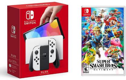NINTENDO Switch OLED Handheld Portable Gaming Console 64 GB with Super Smash Bros Ultimate Game Bundle