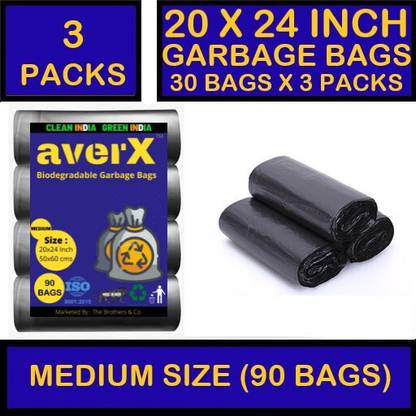averX OXO-Biodegradable Medium Size Black Garbage Bag - 20x24 inches (Pack of 3 - 90 Pieces) 24 L Garbage Bag (90 Bags) Medium 24 L Garbage Bag Pack Of 90