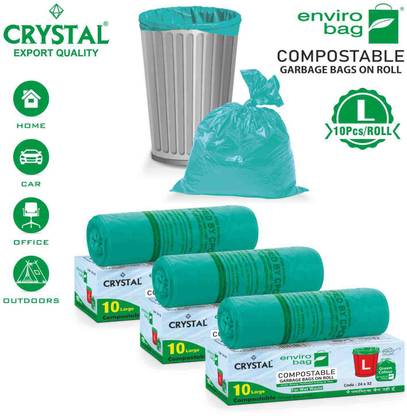 CRYSTAL 100% Compostable on Roll 24 x 32 Green - 10 Pcs x 3, Large 45 L Garbage Bag  Pack Of 30