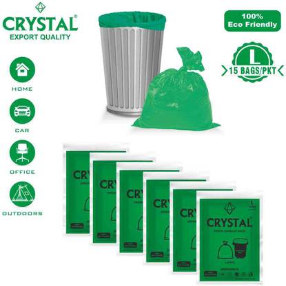 CRYSTAL Biodegradable Pouch 24 x 32 Green - 15 Pcs x 6, Large 45 L Garbage Bag  Pack Of 90