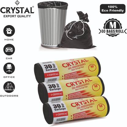CRYSTAL Biodegradable on Roll 19 x 21 Black - 30 Pcs x Pack of 3, Medium 25 L Garbage Bag  Pack Of 90