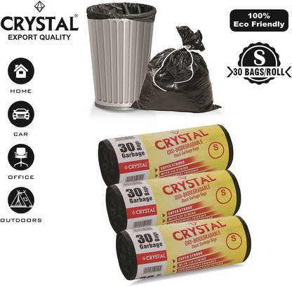CRYSTAL Biodegradable on Roll 17 x 19 Black - 30 Pcs x Pack of 3, Small 20 L Garbage Bag  Pack Of 90
