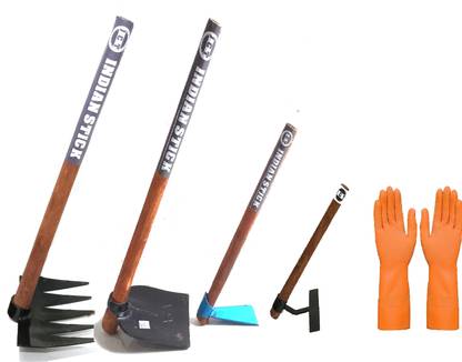 JCT AGRICO RAKE,SPADE,MINI SPADE(K),WEEDING RAKE WITH WOODEN HANDLE(70,70,50,35CM) GLOVES Garden Tool Kit