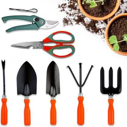 Cinagro Trowel, cultivator, transplanter, weeder, fork, scissors & pruner CIN-GTK-SPC-P7-ORG Garden Tool Kit