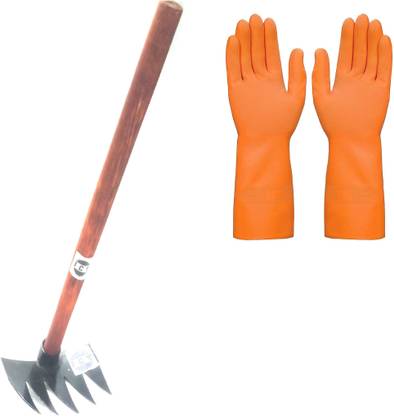 JCT SET OF 2 GARDEN TOOL RAKE WITH WOODEN HANDLE AND RUBBER GLOVES Garden Tool Kit