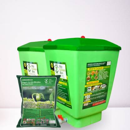 MyGreenBin Home Compost Bin 50 Lit1 Set (2 Bins) +10Lit Microbes-Organic Waste Converter. Garden Tool Kit