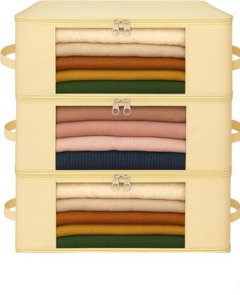 Kottify Storage Bag Cotton Canvas Clothes Storage Bags/Saree Covers with Zip for Storage Specially Woman Dresses, Sarees, Lehengas for Wardrobe Organizer (17 x 14 x 7 Inch) (3)