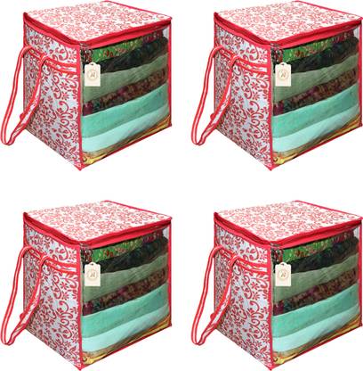 Shaping Fabric XL Saree Cover, Clothes Storage Bag, Storage Organizer Bag, Zip Closure and Transparent Front With Large Size Handle Clothes Storage Bag, Wardrobe Organizer ( Size 46L x 33W x 22H Centimetre ) Red Leaf Print Pack of 04