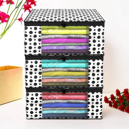 Billion Designer Polka Dots Design 3 Piece Non Woven Fabric Saree Cover/ Clothes Organiser For Wardrobe Set with Transparent Window, Extra Large,(Black & White) - BILLION38094 BILLION038094