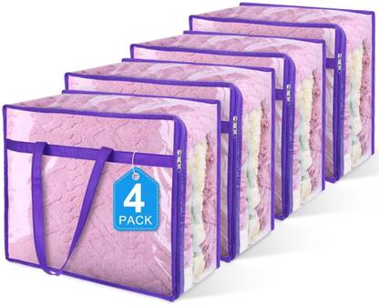 CEREVEL Transparent Clothes Storage Bags Organizers with Sturdy Zippers Reinforced Handle for Comforters, Blankets, Linen, Bedding, Duvet, Space Saver Blanket Cover Set of 4