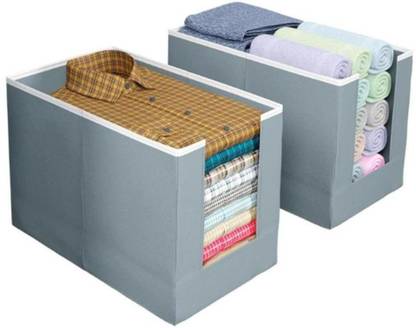 ASHFIYA Combo of 2 Foldable Non-Woven Fabric Shirt Stacker Storage Box Organizer with Handle for Wardrobe, Closet, Underbed Use Durable, Dust-Proof, Stackable Cloth Storage Bin