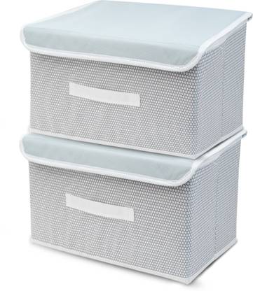 Mteaser Set of 2 Big Non-Woven Storage Box Wardrobe Closet Organizer Foldable Stackable Basket/Bins with Lid and Handle