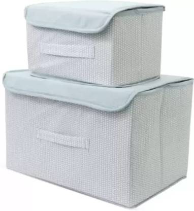 SV.ENTERPRISE Box Wardrobe Closet Organizer Foldable Stackable Basket/Bins with Lid and Handle (Grey Set of 2 Big Non-Woven Storage