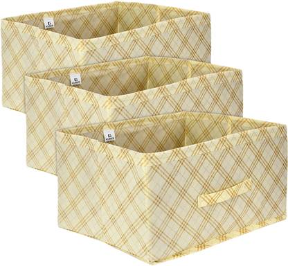 KUBER INDUSTRIES Drawer Storage Box Non Woven Collapsible Check Print Drawer Storage Box|Pack of 3|Cream 67KM9990