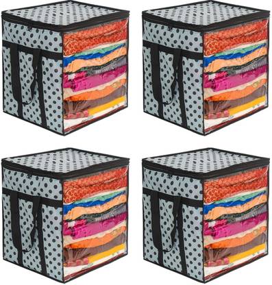 PRAHAN INTERNATIONAL Set of 04 Jumbo Size Saree Cover With Front Window and Side Handle Clothes Storage Organizer Garment Box Black Dots Print (15 * 15 * 12 Inch ) ‎F1603_SC_XL_BlackDots_04