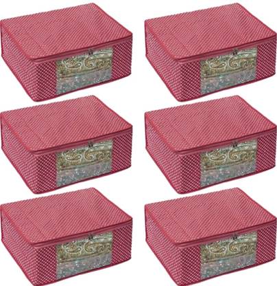 Love Store Present Set of 6 Cotton Quilted 3 Layered Foldable Saree Covers / Clothes Storage Bag / Transparent Window And Zip For Saree, Lehenga, Suit (Pink)