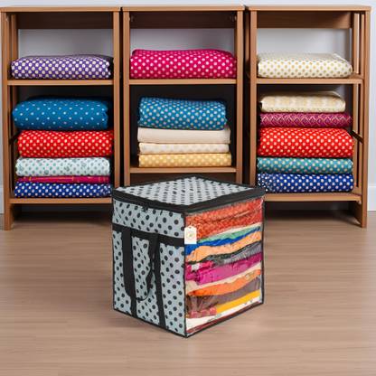 Polka Dot Non-Woven Saree Cover Organizer – 90 GSM Fabric, Transparent Front Window, Double Zipper & Sturdy Handles | Foldable Cloth Storage Box for Wardrobe (50L, Pack of 1) WB-PL-DLX-XXL-DOT-GREY-1543