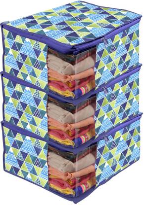 PrettyKrafts Saree Cover Large with Creative Prints, Saree Storage Bag with Zip, Wardrobe Organiser Clothes Cover & Storage, Trio Blue, Set of 3 pcs F1284_DL_TrioMulti_3