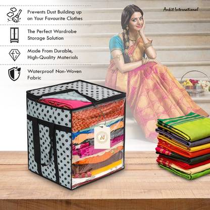 AARON INC Polka Dot Non-Woven Saree Cover Organizer – 90 GSM Fabric, Transparent Front Window, Double Zipper & Sturdy Handles | Foldable Cloth Storage Box for Wardrobe (50L, Pack of 1) SFXL7773159842965