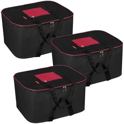 SNDIA Pack 3 Nylon Moisture Proof Underbed Storage Bag With Zipper Closure for Clothes Blankets Saree 54x46x28 Cm
