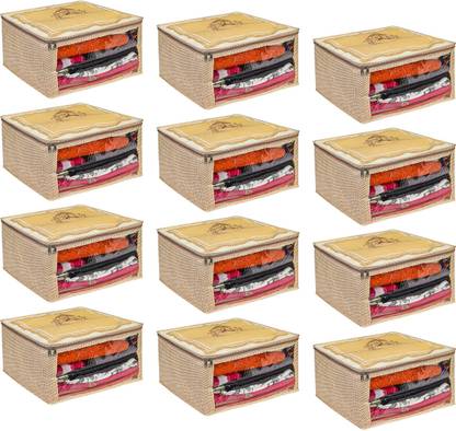 PrettyKrafts Saree Cover F1791_Golden_12 Saree Covers/Clothes Storage Bag, Foldable Stackable Container Organizer