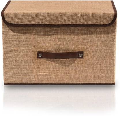 Mteaser Combo of 1 Jute Foldable Space Saver Storage Box Wardrobe Closet Organizer Stackable Basket/Bins with Lid & Faux Leather Handle for Clothes, Toys, Books