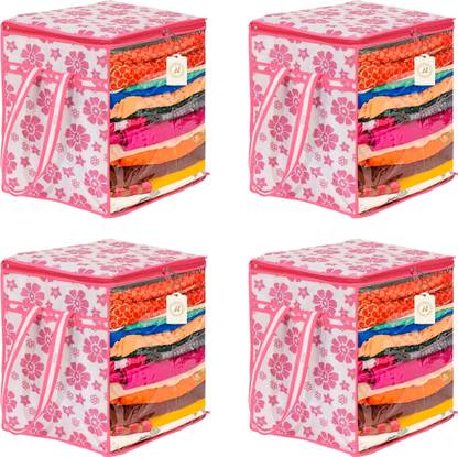 Shaping Fabric XL Saree Cover, Clothes Storage Bag, Storage Organizer Bag, Zip Closure and Transparent Front With Large Size Handle Clothes Storage Bag, Wardrobe Organizer ( Size 46L x 33W x 22H Centimetre ) Floral Print Pack of 04